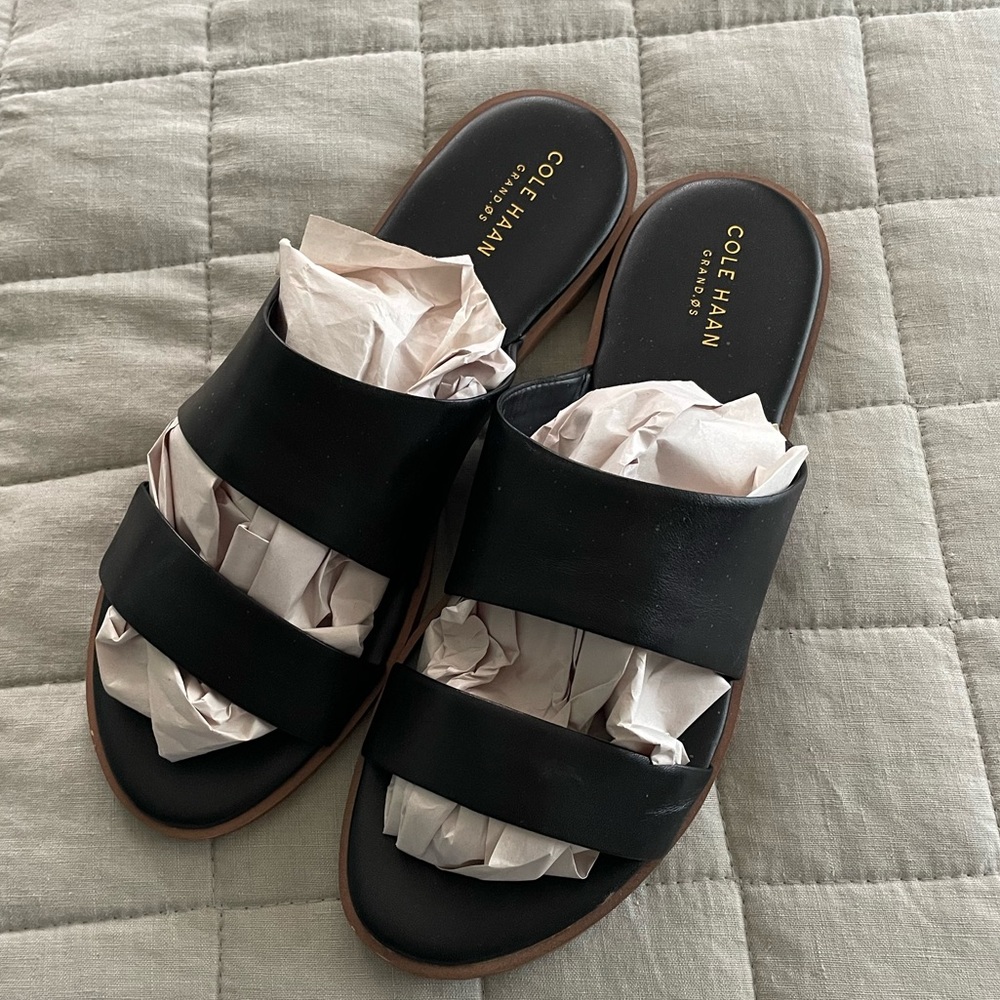 Cole Haan black two- strap slides, size 8.5